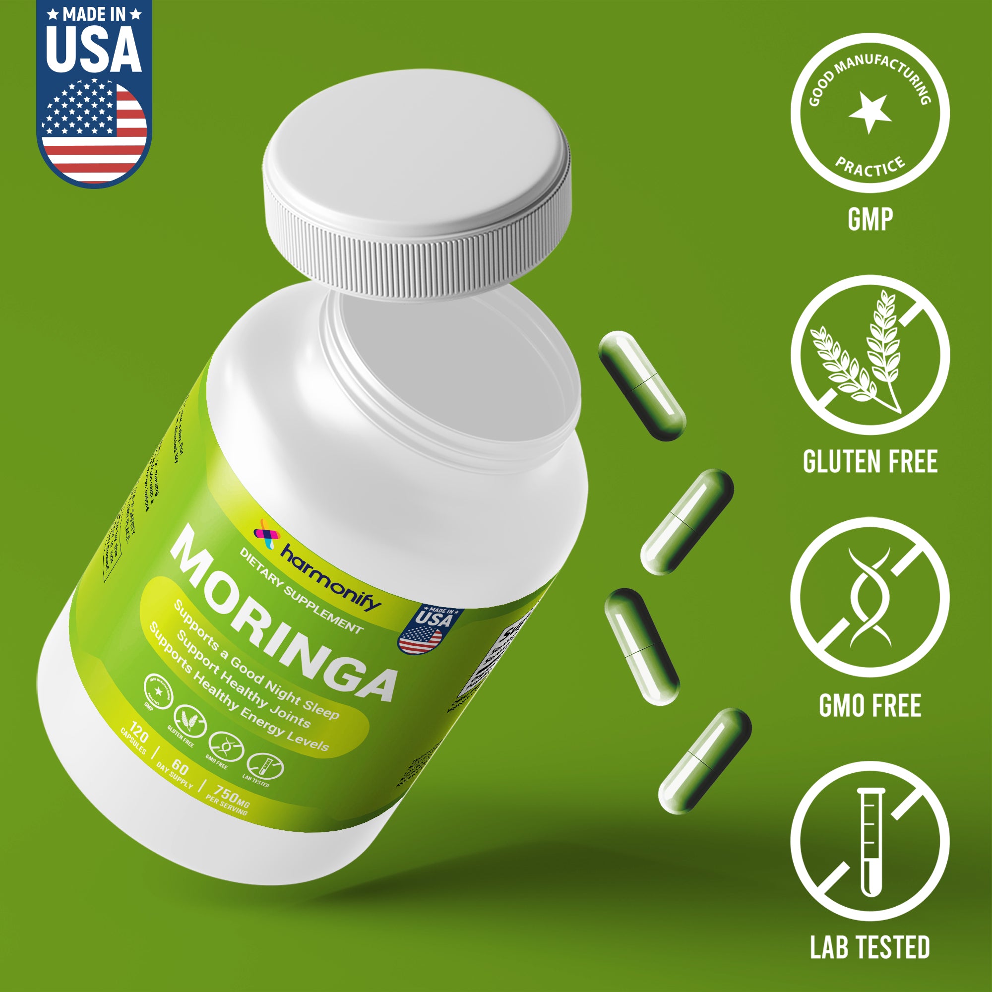 HARMONIFY Moringa Capsules - Pure Moringa Powder - Supports Restful Sleep, Joint Comfort & Healthy Energy Levels - 120 Moringa Capsules - Made in USA, Gluten Free, GMO Free