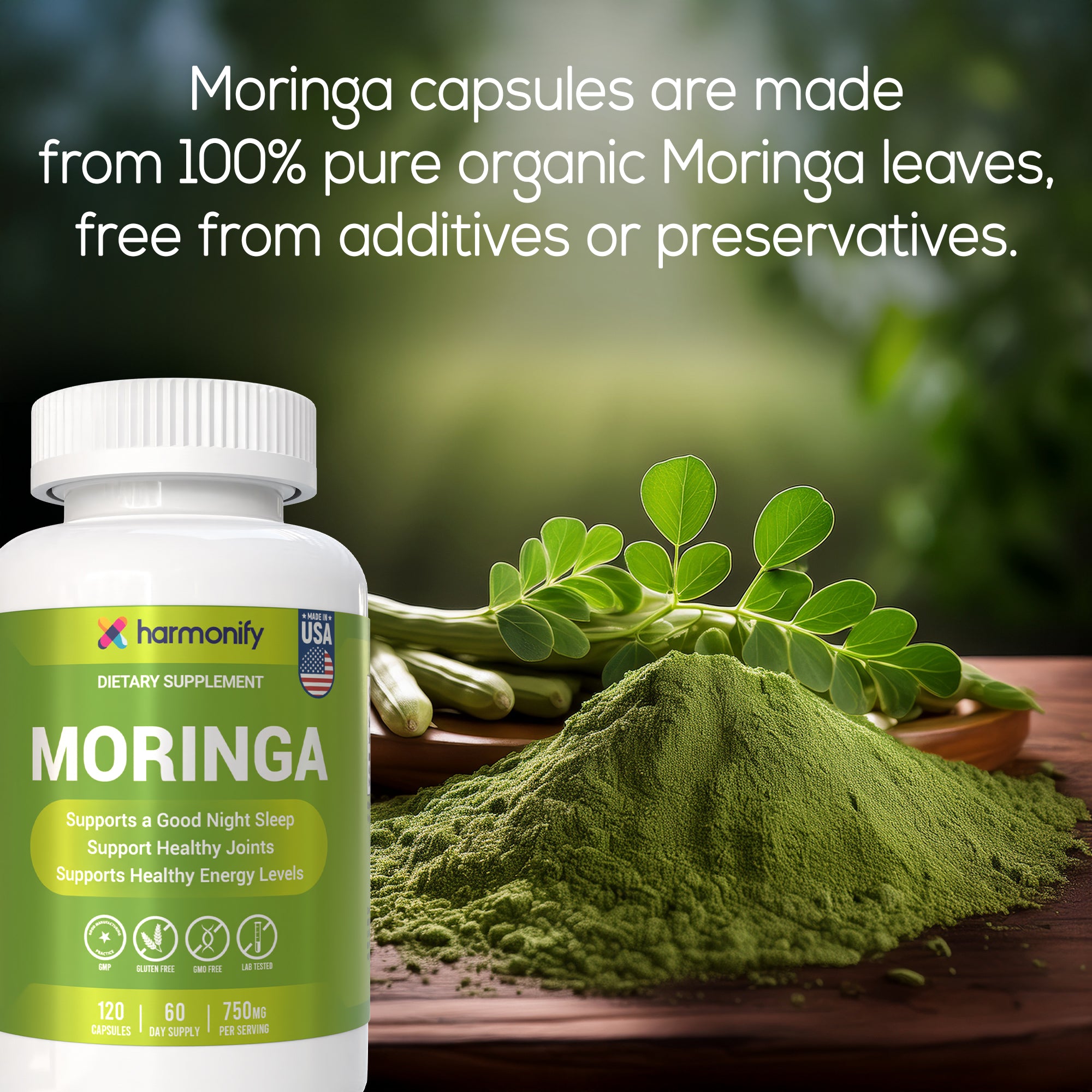 HARMONIFY Moringa Capsules - Pure Moringa Powder - Supports Restful Sleep, Joint Comfort & Healthy Energy Levels - 120 Moringa Capsules - Made in USA, Gluten Free, GMO Free