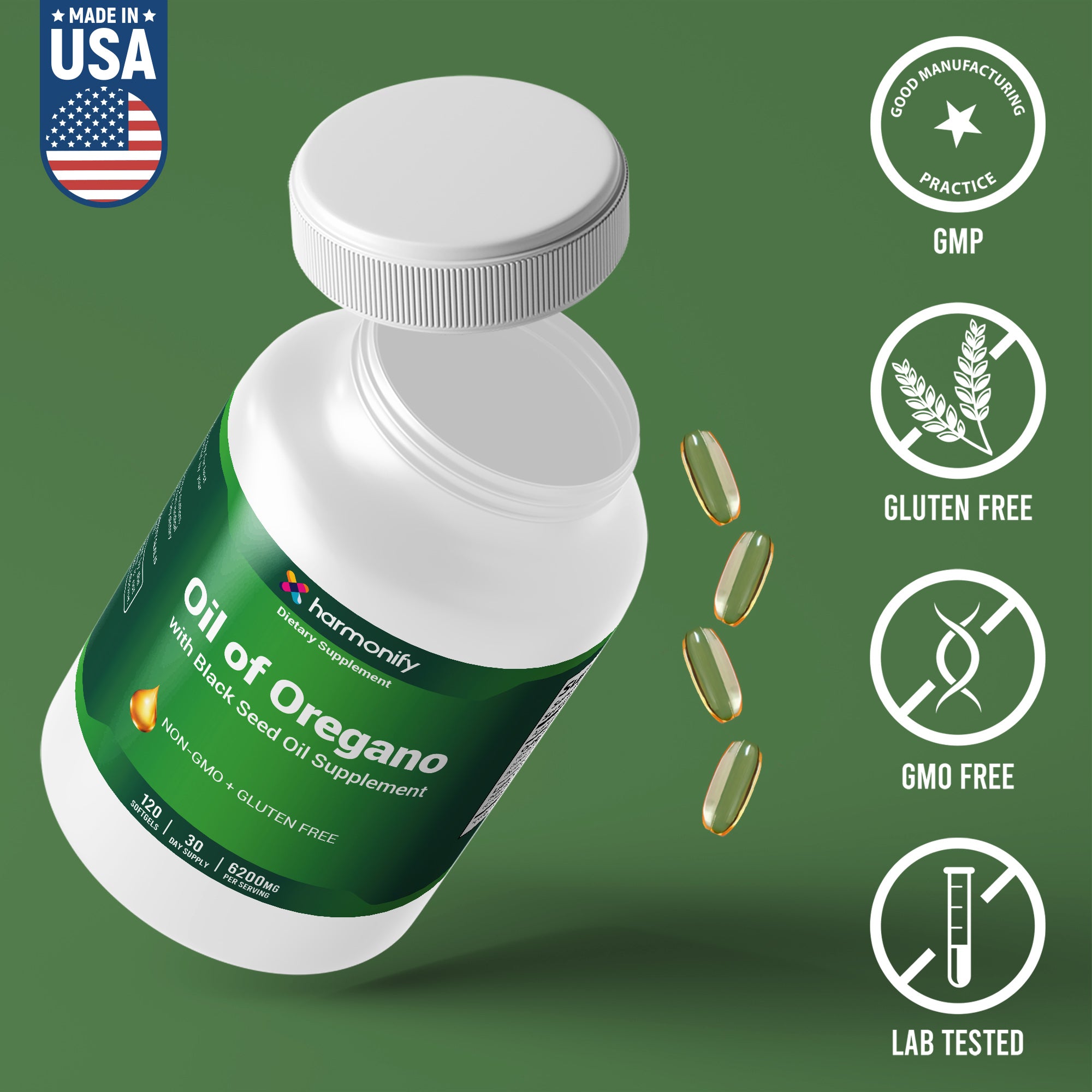 HARMONIFY Oil of Oregano with Black Seed Oil Supplement 120 Softgels, 60 Day Supply