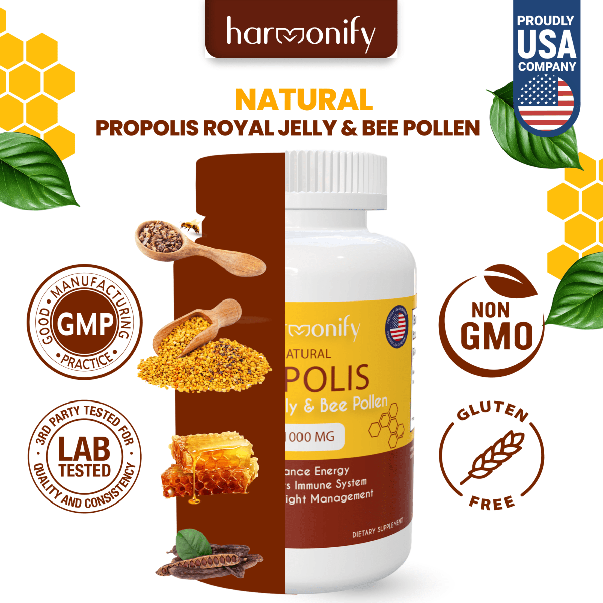 Propolis Extract, Royal Jelly, Organic Bee Pollen, 1000 mg, 100% Natural Superfood, Ultra Pure, Immune Support Supplement, Antioxidants, Keto, Paleo, Gluten - Free, Stocking Stuffers, Gift Ideas - HARMONIFY - Propolis Extract, Royal Jelly, Organic Bee Pollen, 1000 mg, 100% Natural Superfood, Ultra Pure, Immune Support Supplement, Antioxidants, Keto, Paleo, Gluten - Free, Stocking Stuffers, Gift Ideas - HARMONIFY - Supplement - 
