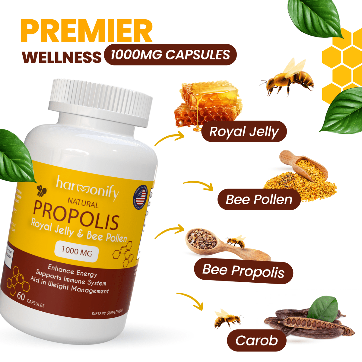 Propolis Extract, Royal Jelly, Organic Bee Pollen, 1000 mg, 100% Natural Superfood, Ultra Pure, Immune Support Supplement, Antioxidants, Keto, Paleo, Gluten - Free, Stocking Stuffers, Gift Ideas - HARMONIFY - Propolis Extract, Royal Jelly, Organic Bee Pollen, 1000 mg, 100% Natural Superfood, Ultra Pure, Immune Support Supplement, Antioxidants, Keto, Paleo, Gluten - Free, Stocking Stuffers, Gift Ideas - HARMONIFY - Supplement - 