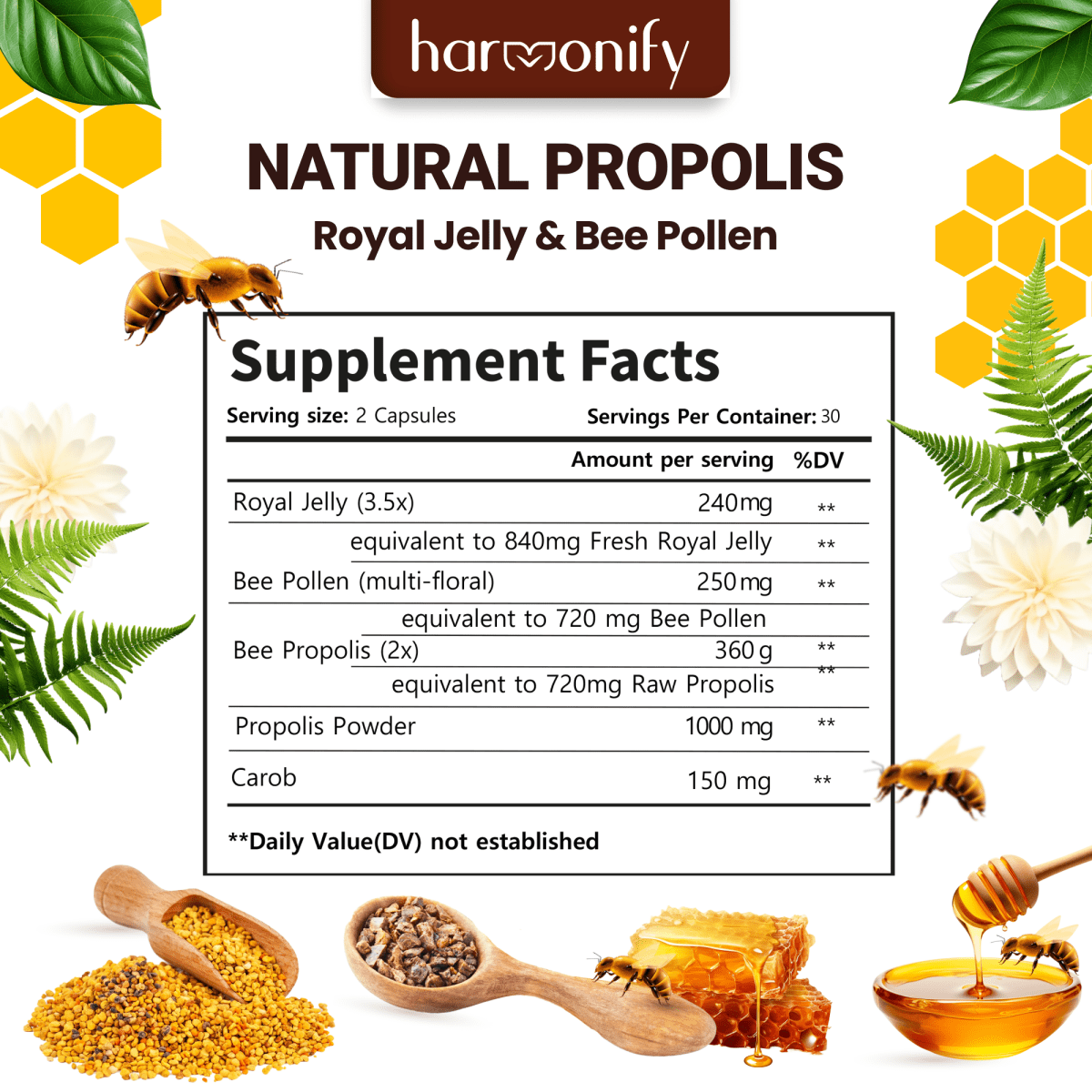 Propolis Extract, Royal Jelly, Organic Bee Pollen, 1000 mg, 100% Natural Superfood, Ultra Pure, Immune Support Supplement, Antioxidants, Keto, Paleo, Gluten - Free, Stocking Stuffers, Gift Ideas - HARMONIFY - Propolis Extract, Royal Jelly, Organic Bee Pollen, 1000 mg, 100% Natural Superfood, Ultra Pure, Immune Support Supplement, Antioxidants, Keto, Paleo, Gluten - Free, Stocking Stuffers, Gift Ideas - HARMONIFY - Supplement - 