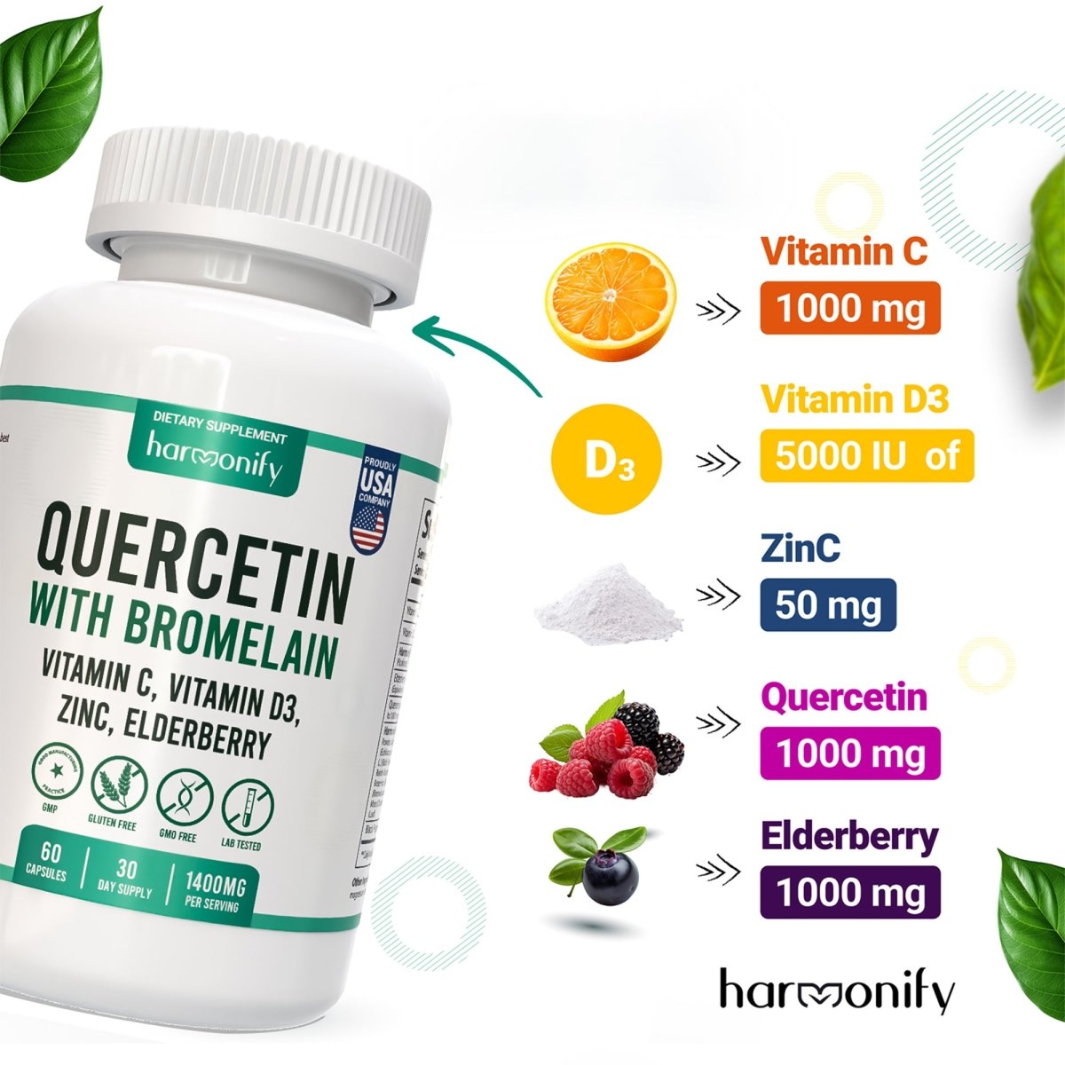 HARMONIFY Quercetin with Bromelain, 18 in 1 Supplements Zinc Elderberry Vitamin C & D 5000 IU, Artemisinin, Irish Sea Moss, Echinacea, Garlic, Turmeric, Reishi, Ginger Powder, 1400 mg - HARMONIFY - HARMONIFY Quercetin with Bromelain, 18 in 1 Supplements Zinc Elderberry Vitamin C & D 5000 IU, Artemisinin, Irish Sea Moss, Echinacea, Garlic, Turmeric, Reishi, Ginger Powder, 1400 mg - 028 - HRF - QuercetinComplex - HARMONIFY - Supplement - 850056258647