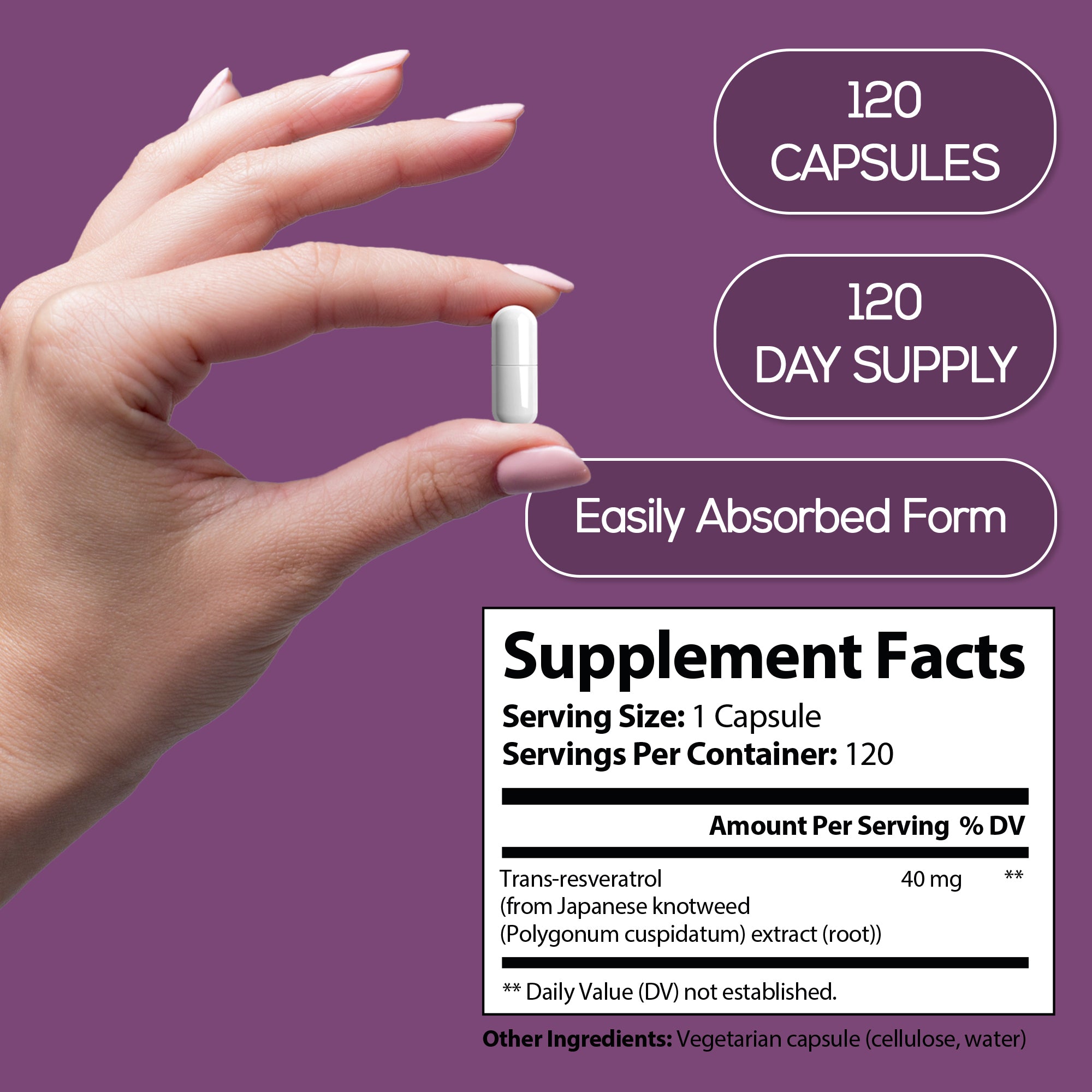 Resveratrol Supplement - Pure Trans-Resveratrol from Japanese Knotweed - Supports Energy & Anti-Aging - Potent Antioxidant - 120 Capsules for 120 Day Supply - Made in USA, Lab Tested