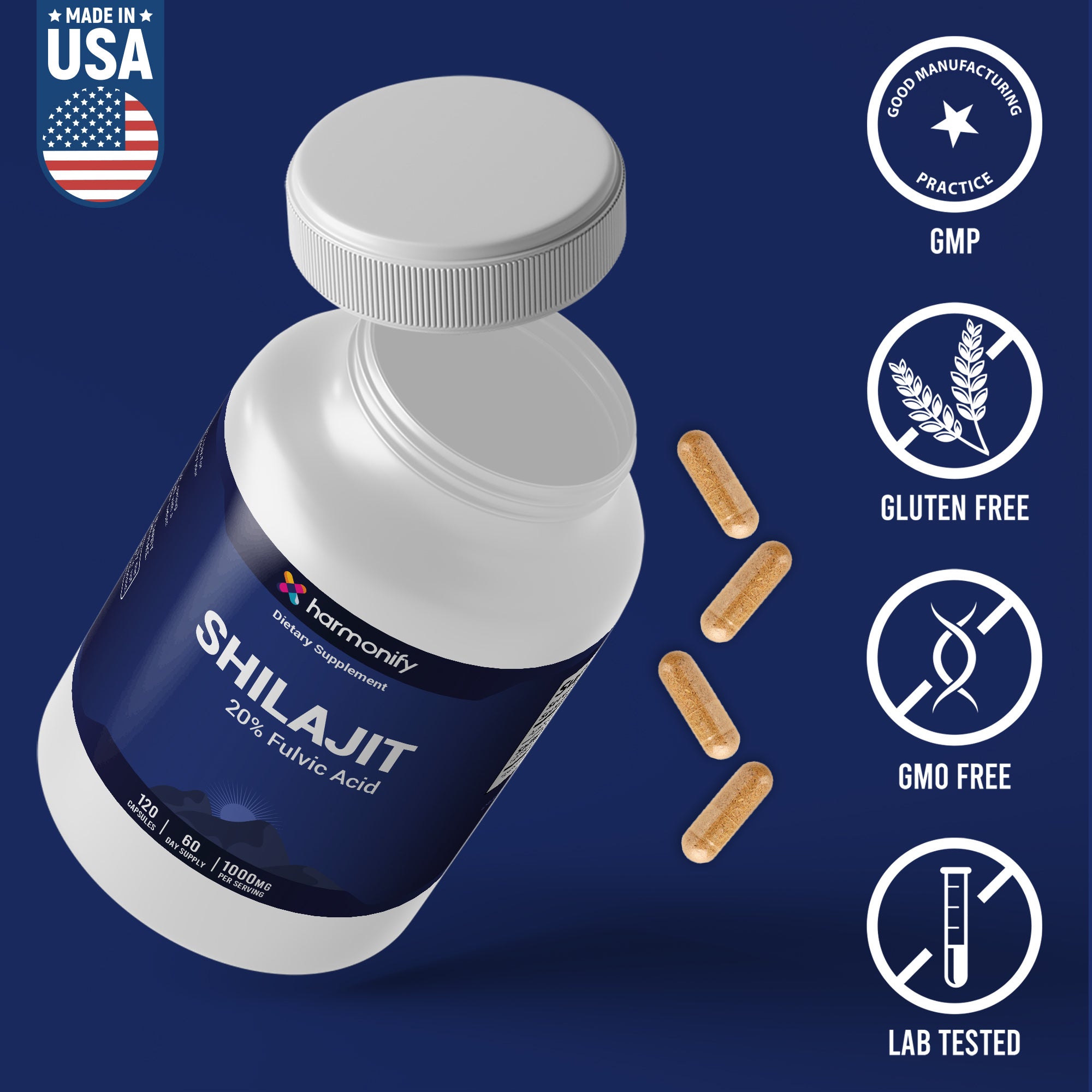 HARMONIFY Shilajit Capsules – 1000mg with 20% Fulvic Acid – 120 Cnt
