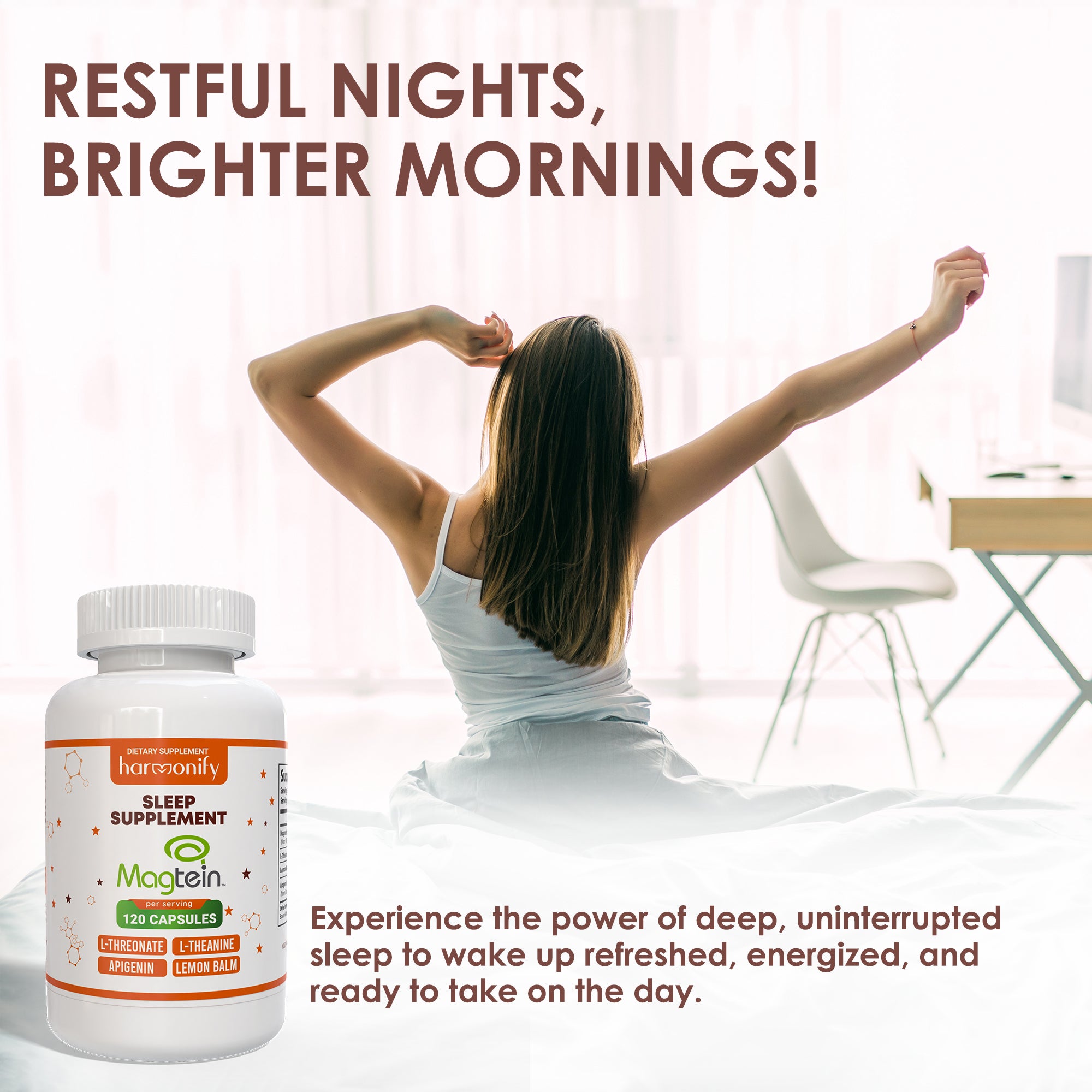 HARMONIFY Magtein Magnesium L Threonate Supplement with L Theanine, Lemon Balm and Apigenin, High Absorption 120 Purified Veggie Capsules, Gluten Free, Non-GMO, Vegetarian