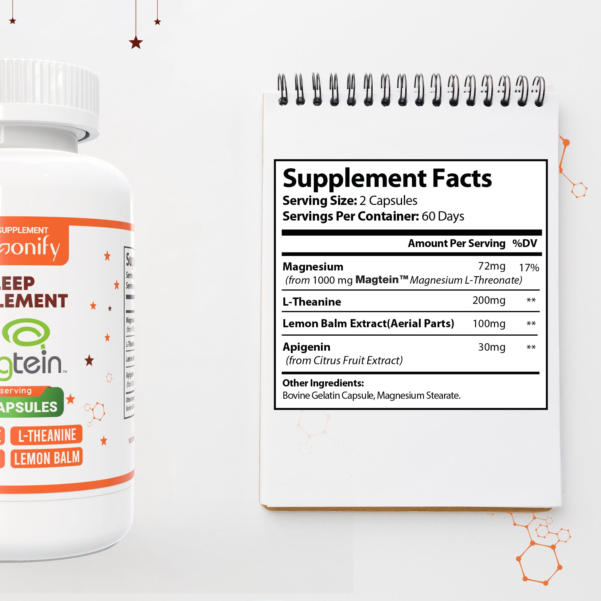 HARMONIFY Magtein Magnesium L Threonate Supplement with L Theanine, Lemon Balm and Apigenin, High Absorption 120 Purified Veggie Capsules, Gluten Free, Non-GMO, Vegetarian