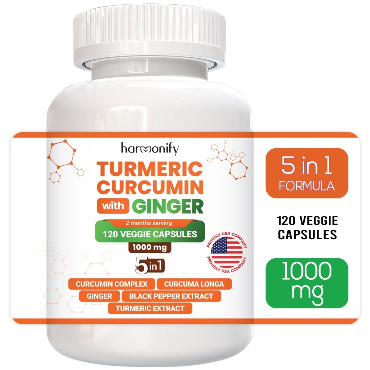 HARMONIFY Turmeric Curcumin with Ginger, Ceylon Cinnamon and Black Pepper, 120 Capsules, 1000 mg - HARMONIFY - HARMONIFY Turmeric Curcumin with Ginger, Ceylon Cinnamon and Black Pepper, 120 Capsules, 1000 mg - 006 - HRF - TurmericCurcuminComplex - HARMONIFY - Supplement - 850056258135