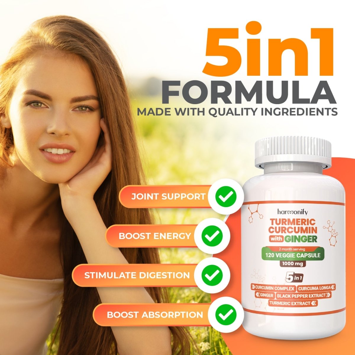 HARMONIFY Turmeric Curcumin with Ginger, Ceylon Cinnamon and Black Pepper, 120 Capsules, 1000 mg - HARMONIFY - HARMONIFY Turmeric Curcumin with Ginger, Ceylon Cinnamon and Black Pepper, 120 Capsules, 1000 mg - HARMONIFY - HARMONIFY Turmeric Curcumin with Ginger, Ceylon Cinnamon and Black Pepper, 120 Capsules, 1000 mg - 006 - HRF - TurmericCurcuminComplex - HARMONIFY - Supplement - 850056258135 - 006 - HRF - TurmericCurcuminComplex - HARMONIFY - Supplement - 850056258135