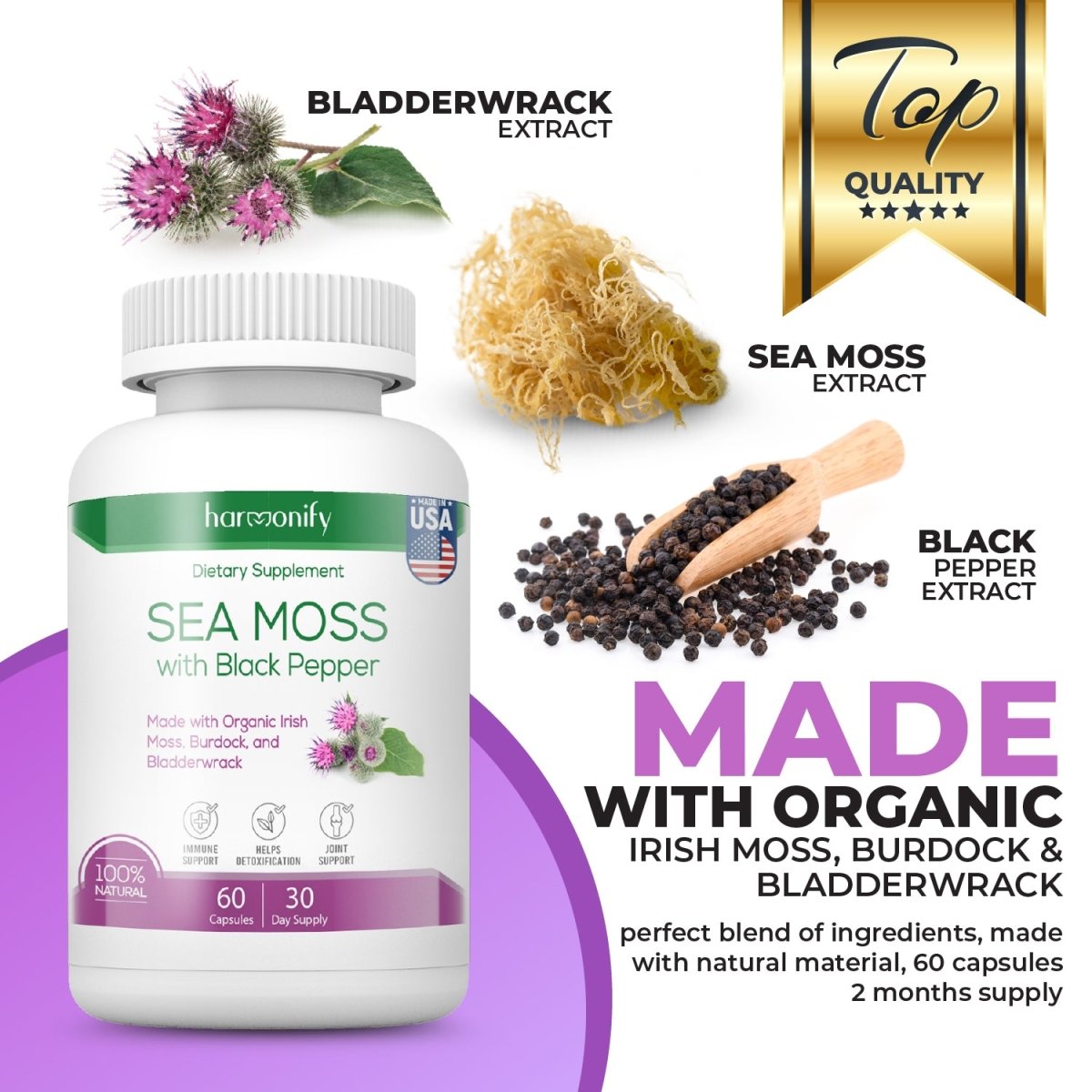 Organic Sea Moss Wildcrafted Irish Seamoss, Bladderwrack & Burdock Root, Supplement for Immunity, 60Ct, 1 Pack - HARMONIFY - Organic Sea Moss Wildcrafted Irish Seamoss, Bladderwrack & Burdock Root, Supplement for Immunity, 60Ct, 1 Pack - HARMONIFY - Supplement - 