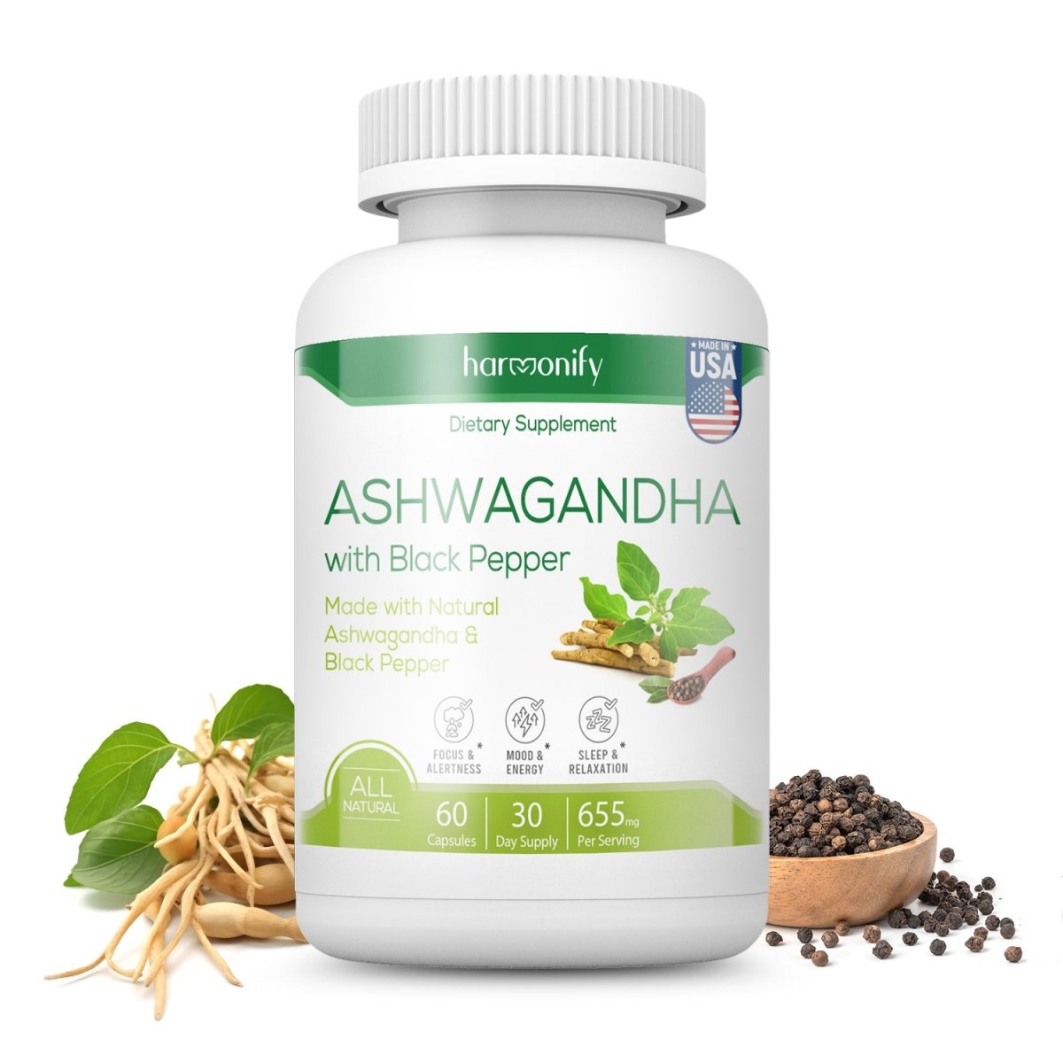 Ashwagandha Capsule KSM-66 Herbal Supplement 655 mg - Vegetarian, Non-GMO, Gluten Free, Ashwagandha Root - HARMONIFY - Ashwagandha Capsule KSM-66 Herbal Supplement 655 mg - Vegetarian, Non-GMO, Gluten Free, Ashwagandha Root - 014-HRF-AshwagandhaCapsule - HARMONIFY - Supplement - 850056258333