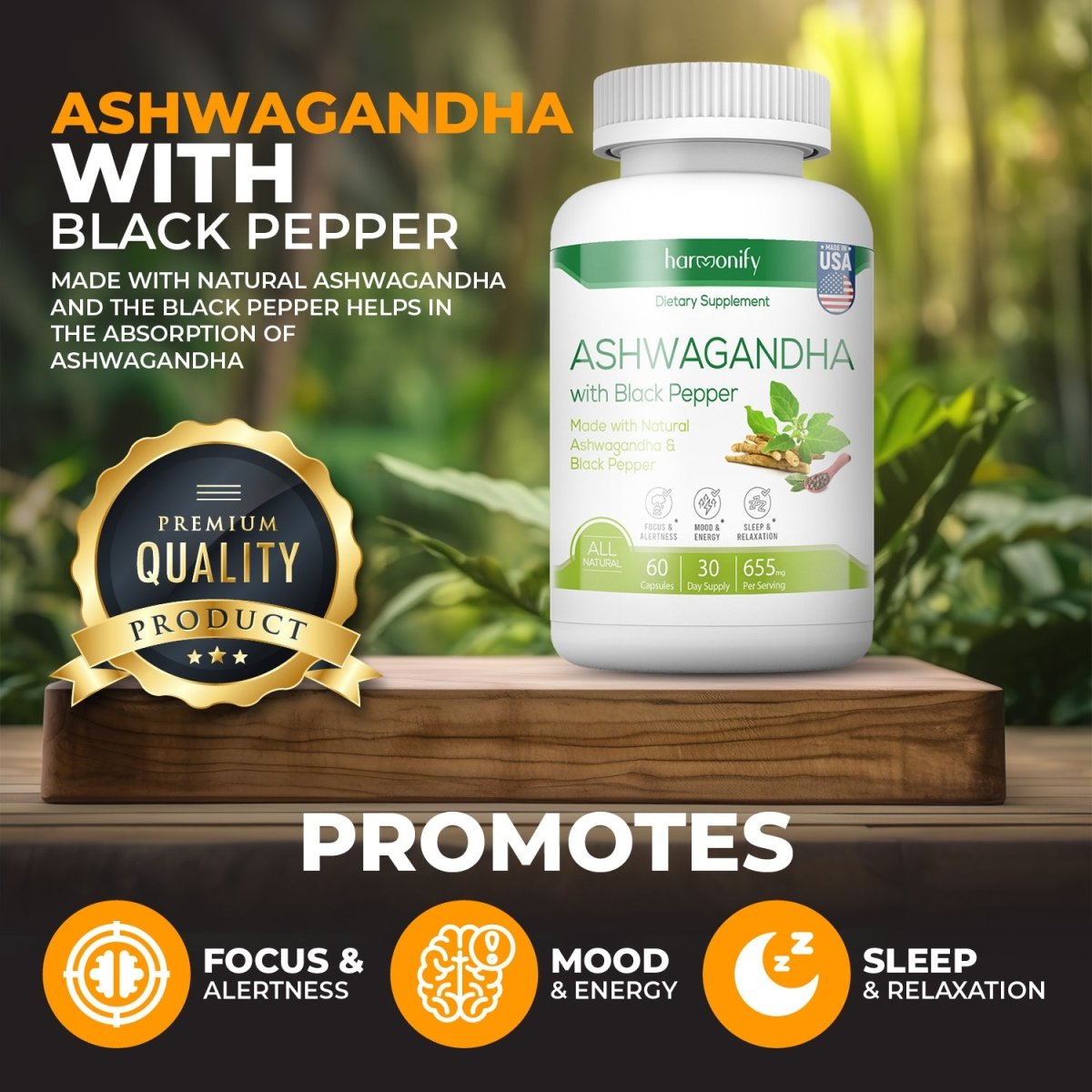 Ashwagandha Capsule KSM-66 Herbal Supplement 655 mg - Vegetarian, Non-GMO, Gluten Free, Ashwagandha Root - HARMONIFY - Ashwagandha Capsule KSM-66 Herbal Supplement 655 mg - Vegetarian, Non-GMO, Gluten Free, Ashwagandha Root - 014-HRF-AshwagandhaCapsule - HARMONIFY - Supplement - 850056258333