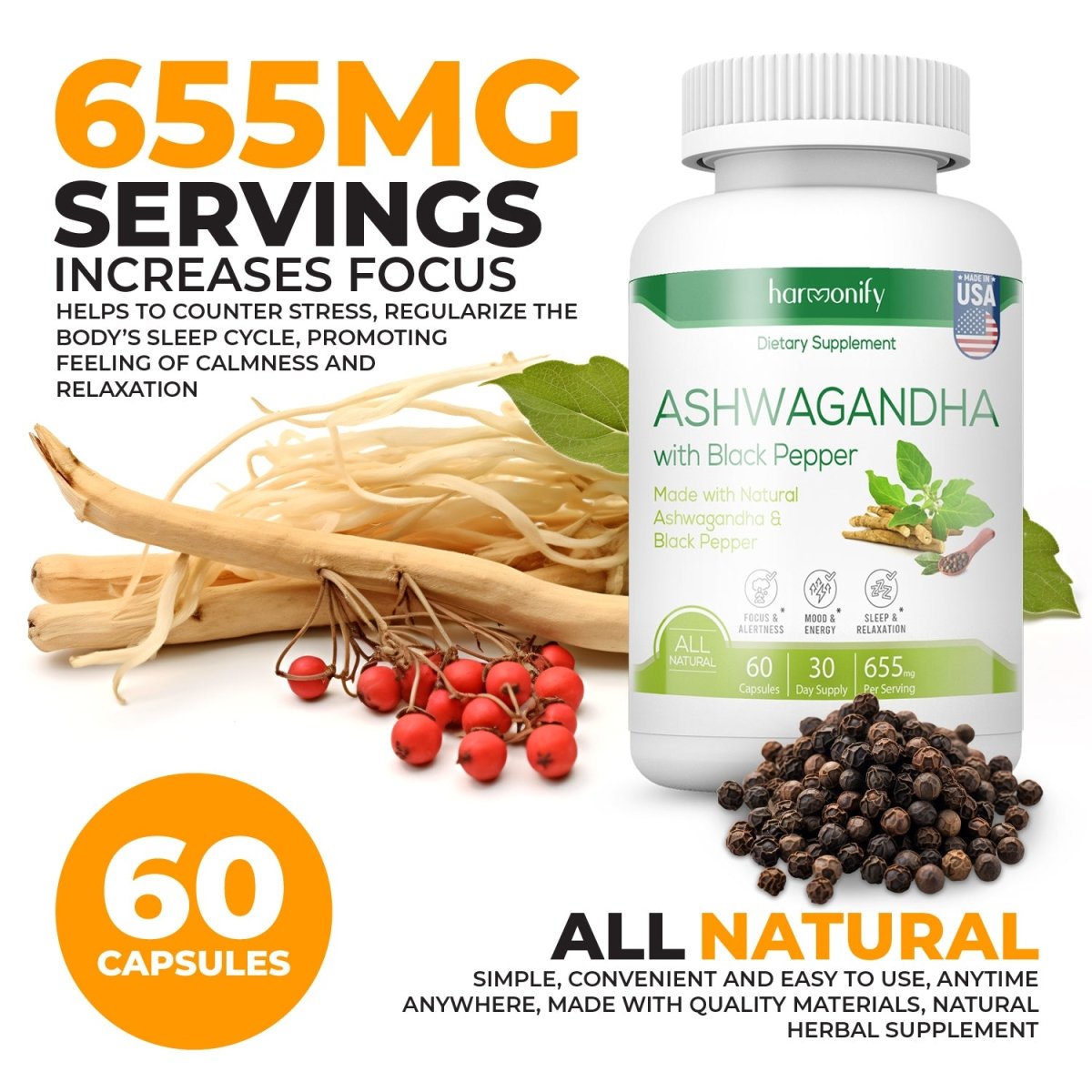 Ashwagandha Capsule KSM-66 Herbal Supplement 655 mg - Vegetarian, Non-GMO, Gluten Free, Ashwagandha Root - HARMONIFY - Ashwagandha Capsule KSM-66 Herbal Supplement 655 mg - Vegetarian, Non-GMO, Gluten Free, Ashwagandha Root - 014-HRF-AshwagandhaCapsule - HARMONIFY - Supplement - 850056258333