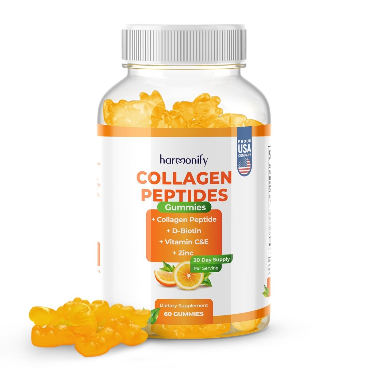HARMONIFY Collagen Gummies with Vitamin C, Zinc and D - Biotin with Orange Flavour - HARMONIFY - Collagen Gummies with Vitamin C, Zinc and D - Biotin with Orange Flavour, Hydrolyzed Collagen Peptides Supplement for Healthy Skin Support, 60 Gummies, 60 Day Supply - HARMONIFY - Collagen Gummies with Vitamin C, Zinc and D - Biotin with Orange Flavour, Hydrolyzed Collagen Peptides Supplement for Healthy Skin Support, 60 Gummies, 60 Day Supply - 018 - HRF - CollagenGummy - HARMONIFY - Supplement - 85