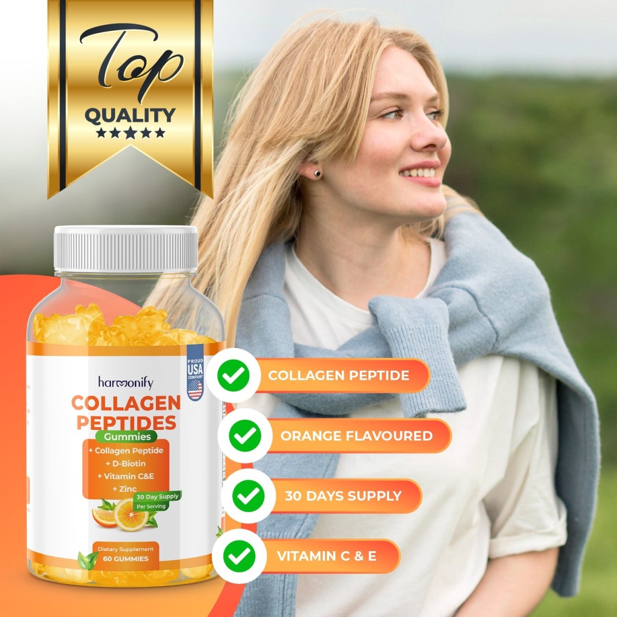 HARMONIFY Collagen Gummies with Vitamin C, Zinc and D - Biotin with Orange Flavour - HARMONIFY - Collagen Gummies with Vitamin C, Zinc and D - Biotin with Orange Flavour, Hydrolyzed Collagen Peptides Supplement for Healthy Skin Support, 60 Gummies, 60 Day Supply - HARMONIFY - Collagen Gummies with Vitamin C, Zinc and D - Biotin with Orange Flavour, Hydrolyzed Collagen Peptides Supplement for Healthy Skin Support, 60 Gummies, 60 Day Supply - 018 - HRF - CollagenGummy - HARMONIFY - Supplement - 85