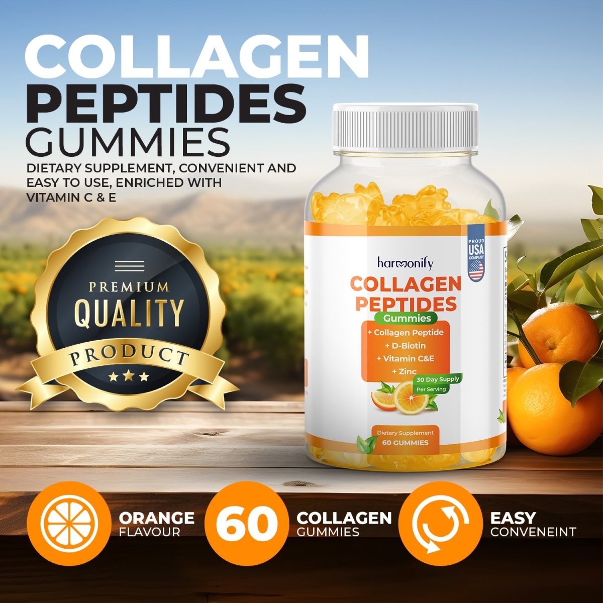 HARMONIFY Collagen Gummies with Vitamin C, Zinc and D - Biotin with Orange Flavour - HARMONIFY - Collagen Gummies with Vitamin C, Zinc and D - Biotin with Orange Flavour, Hydrolyzed Collagen Peptides Supplement for Healthy Skin Support, 60 Gummies, 60 Day Supply - HARMONIFY - Collagen Gummies with Vitamin C, Zinc and D - Biotin with Orange Flavour, Hydrolyzed Collagen Peptides Supplement for Healthy Skin Support, 60 Gummies, 60 Day Supply - 018 - HRF - CollagenGummy - HARMONIFY - Supplement - 85