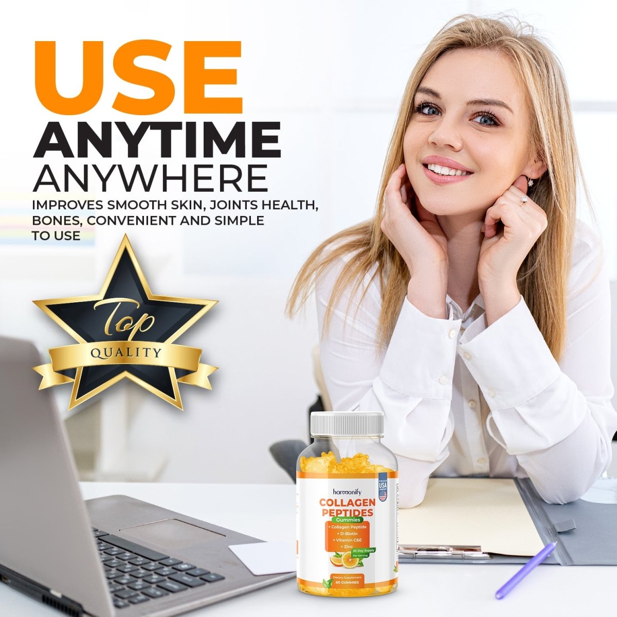 HARMONIFY Collagen Gummies with Vitamin C, Zinc and D - Biotin with Orange Flavour - HARMONIFY - Collagen Gummies with Vitamin C, Zinc and D - Biotin with Orange Flavour, Hydrolyzed Collagen Peptides Supplement for Healthy Skin Support, 60 Gummies, 60 Day Supply - HARMONIFY - Collagen Gummies with Vitamin C, Zinc and D - Biotin with Orange Flavour, Hydrolyzed Collagen Peptides Supplement for Healthy Skin Support, 60 Gummies, 60 Day Supply - 018 - HRF - CollagenGummy - HARMONIFY - Supplement - 85