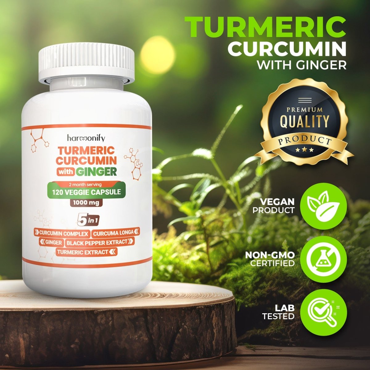 HARMONIFY Turmeric Curcumin with Ginger, Ceylon Cinnamon and Black Pepper, 120 Capsules, 1000 mg - HARMONIFY - HARMONIFY Turmeric Curcumin with Ginger, Ceylon Cinnamon and Black Pepper, 120 Capsules, 1000 mg - HARMONIFY - HARMONIFY Turmeric Curcumin with Ginger, Ceylon Cinnamon and Black Pepper, 120 Capsules, 1000 mg - 006 - HRF - TurmericCurcuminComplex - HARMONIFY - Supplement - 850056258135 - 006 - HRF - TurmericCurcuminComplex - HARMONIFY - Supplement - 850056258135