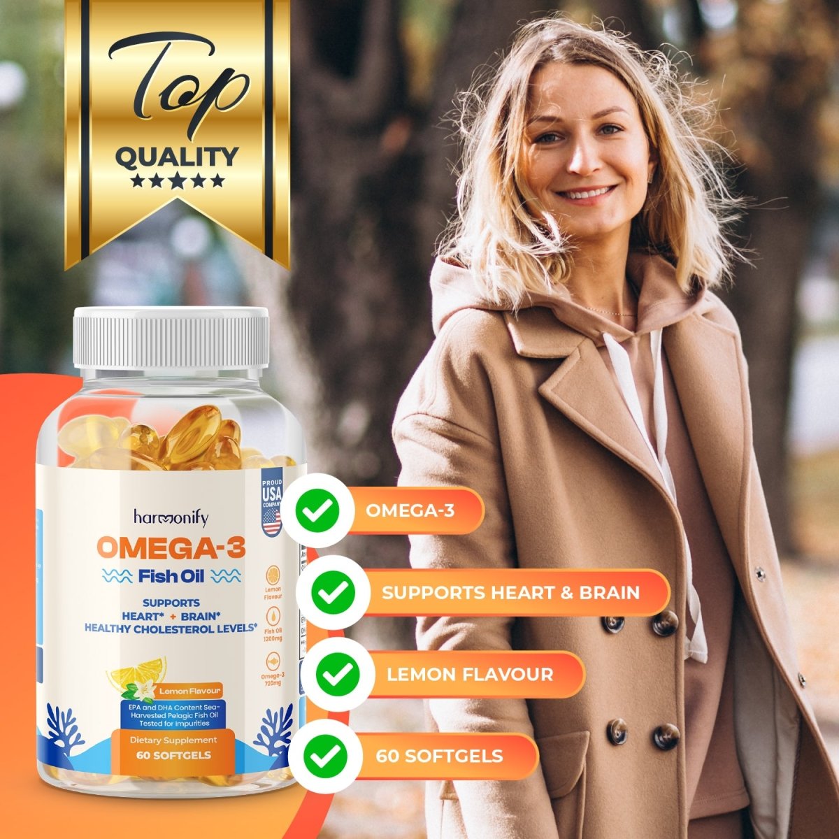Omega 3 Fish Oil Gummies with Orange Flavour, Heart Healthy Omega 3 Supplement with High Absorption DHA & EPA, Extra Strength Joint & Brain Support, Omega 3 Fish Oil Nature's Gummy Vitamin, Orange Flavor - 60 Gummies - HARMONIFY - Omega 3 Fish Oil Gummies with Orange Flavour, Heart Healthy Omega 3 Supplement with High Absorption DHA & EPA, Extra Strength Joint & Brain Support, Omega 3 Fish Oil Nature's Gummy Vitamin, Orange Flavor - 60 Gummies - HARMONIFY - Omega 3 Fish Oil Gummies with Orange F