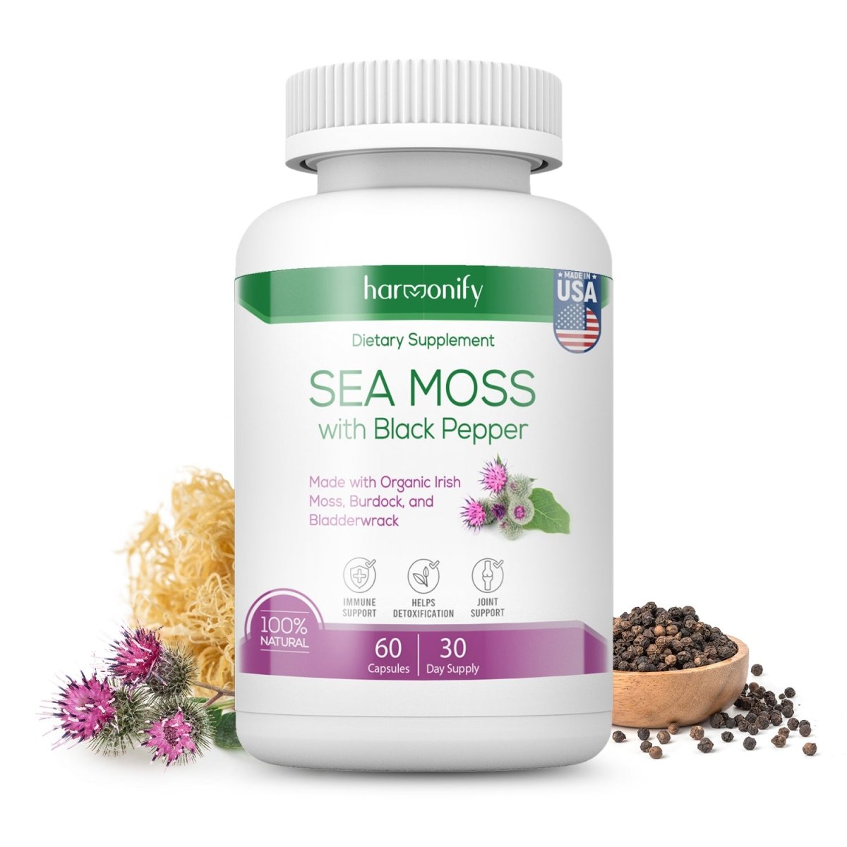 Organic Sea Moss Wildcrafted Irish Seamoss, Bladderwrack & Burdock Root, Supplement for Immunity, 60Ct, 1 Pack - HARMONIFY - Organic Sea Moss Wildcrafted Irish Seamoss, Bladderwrack & Burdock Root, Supplement for Immunity, 60Ct, 1 Pack - HARMONIFY - Supplement - 