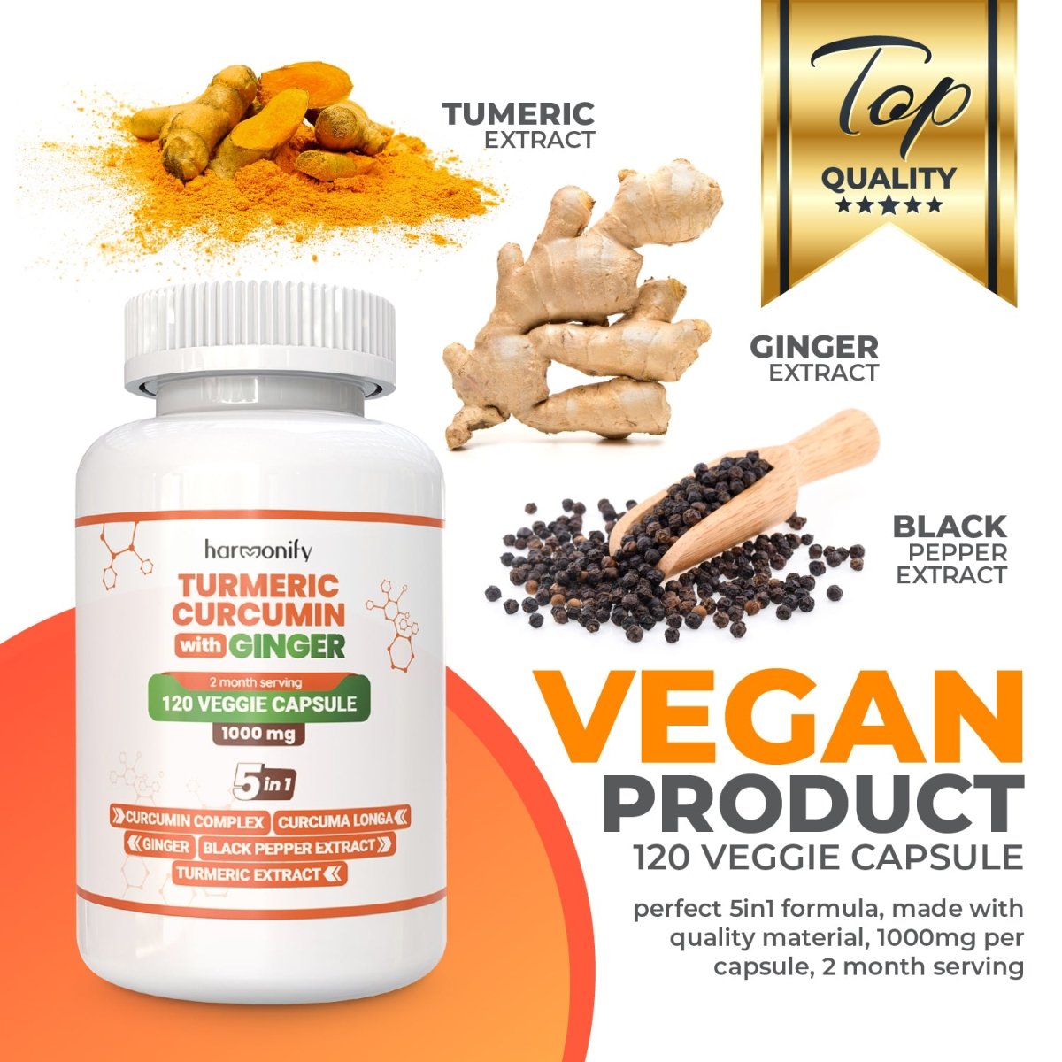 HARMONIFY Turmeric Curcumin with Ginger, Ceylon Cinnamon and Black Pepper, 120 Capsules, 1000 mg - HARMONIFY - HARMONIFY Turmeric Curcumin with Ginger, Ceylon Cinnamon and Black Pepper, 120 Capsules, 1000 mg - HARMONIFY - HARMONIFY Turmeric Curcumin with Ginger, Ceylon Cinnamon and Black Pepper, 120 Capsules, 1000 mg - 006 - HRF - TurmericCurcuminComplex - HARMONIFY - Supplement - 850056258135 - 006 - HRF - TurmericCurcuminComplex - HARMONIFY - Supplement - 850056258135