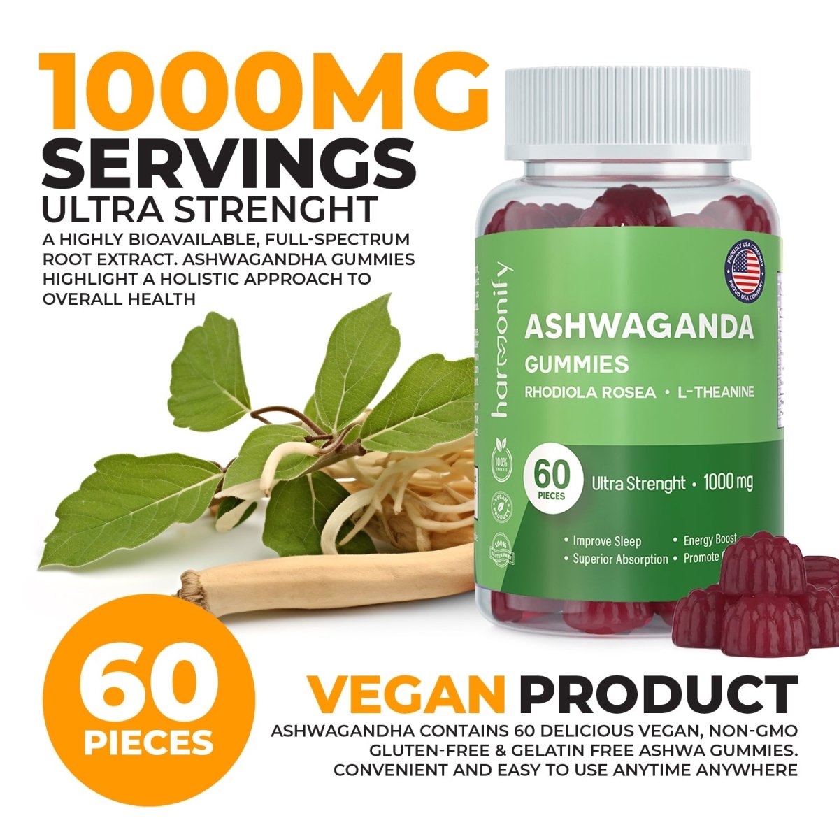 HARMONIFY Ashwagandha & KSM - 66 Gummies with Mixed Rosea and L Theanine, 1000 mg - HARMONIFY - HARMONIFY Ashwagandha & KSM - 66 Gummies with Mixed Rosea and L Theanine, 1000 mg - HARMONIFY - HARMONIFY Ashwagandha & KSM - 66 Gummies with Mixed Rosea and L Theanine, 1000 mg - HARMONIFY - Ashwagandha Gummy Mixed Rosea, Stress Management KSM - 66 with L Theanine, Vegan Plant Based, Non - GMO, Relax and Restore 1000 mg - HARMONIFY - Ashwagandha Gummy Mixed Rosea, Stress Management KSM - 66 with L Th