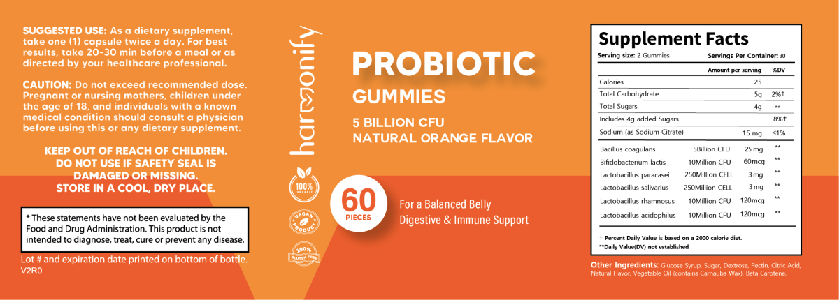 Probiotic Gummy 5 Billion CFU Natural Orange Flavor 1000 mg 60 Count - HARMONIFY - Probiotic Gummy 5 Billion CFU Natural Orange Flavor 1000 mg 60 Count - HARMONIFY - Probiotic Gummy 5 Billion CFU Natural Orange Flavor 1000 mg 60 Count - HARMONIFY - Probiotic Gummy 5 Billion CFU Natural Orange Flavor 1000 mg 60 Count - HARMONIFY - Supplement - HARMONIFY - Supplement - HARMONIFY - Supplement - 